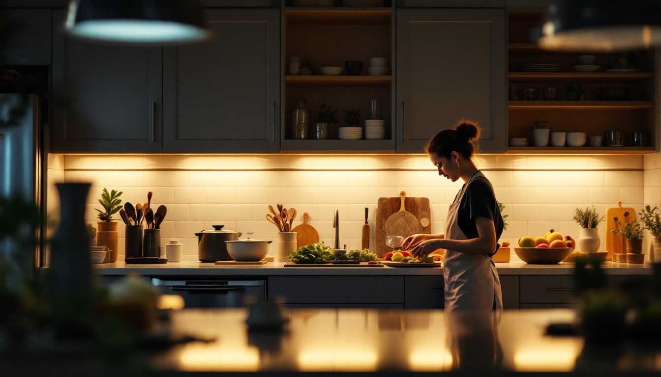 A photograph of a beautifully lit kitchen showcasing under cabinet lights illuminating the workspace