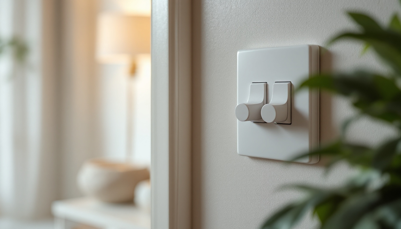 A photograph of a close-up of a single pole switch in a stylish home setting