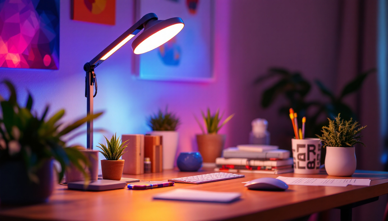 A photograph of a vibrant rab led light illuminating a creative workspace