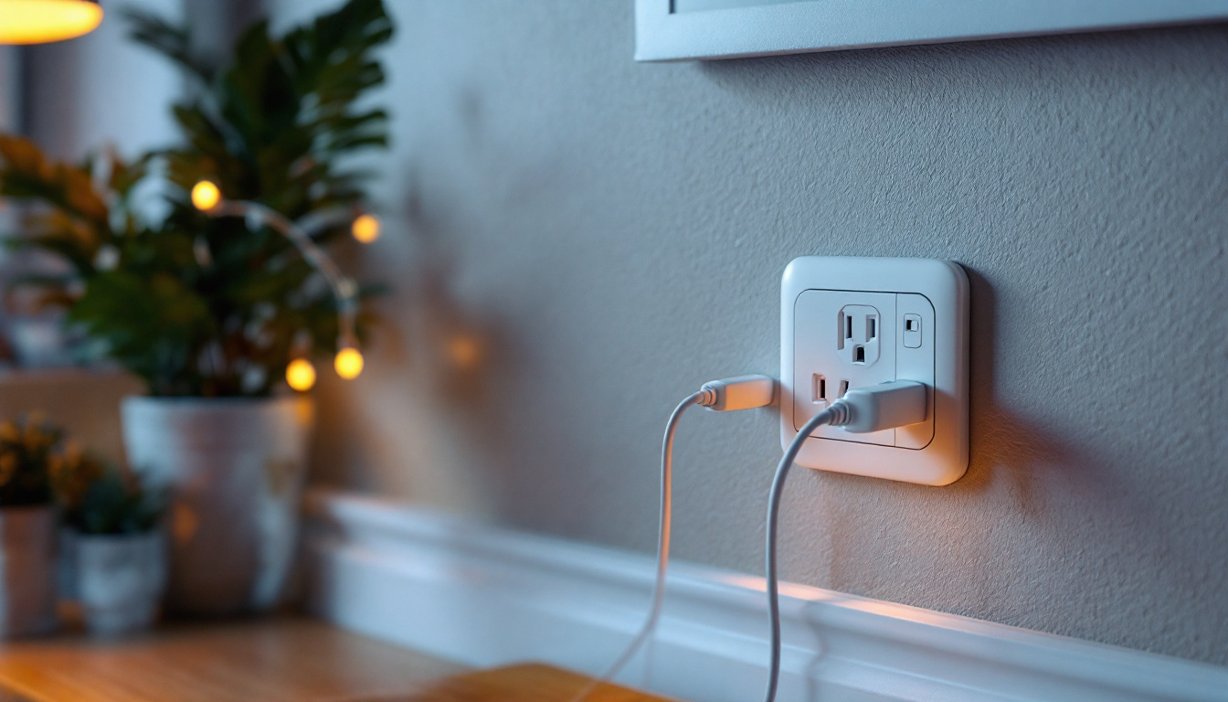 A photograph of a cozy living space featuring a stylishly designed plug outlet in use