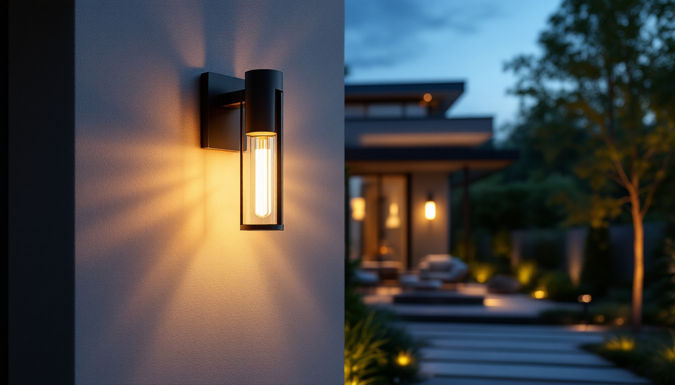 A photograph of a beautifully designed modern exterior light fixture illuminating a stylish outdoor space