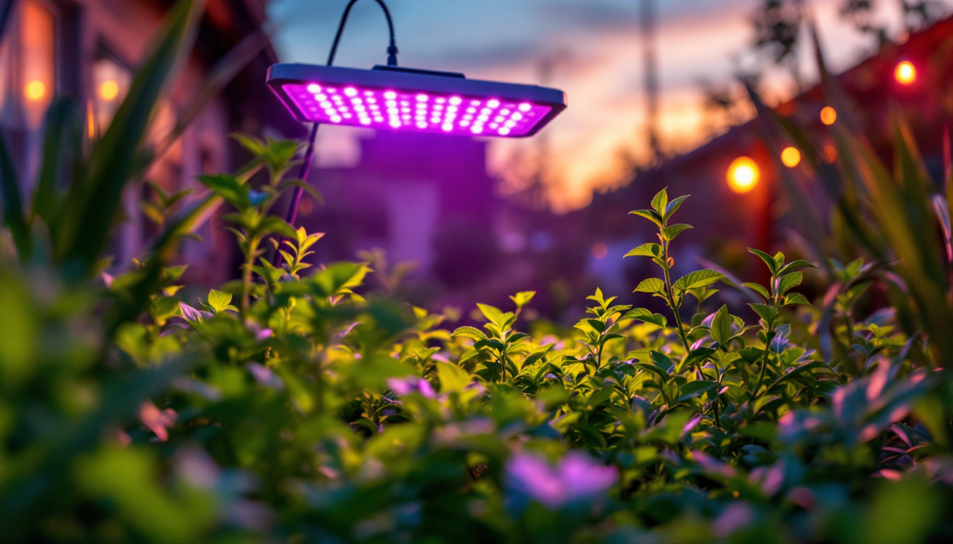 A photograph of a vibrant outdoor garden scene illuminated by a grow lamp at dusk
