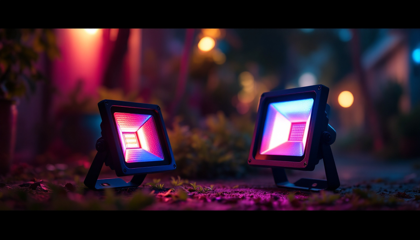 A photograph of capture a photograph of a vibrant red and blue led flood bulb illuminating a dynamic outdoor scene