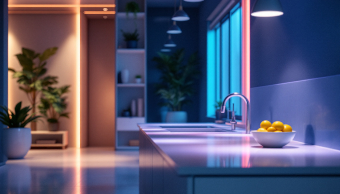 A photograph of a modern indoor setting showcasing uv-c lighting in action