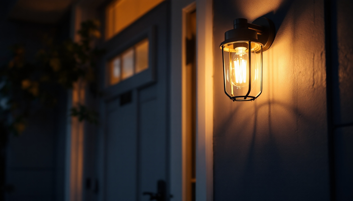 A photograph of a stylish front door light fixture illuminating an inviting entrance