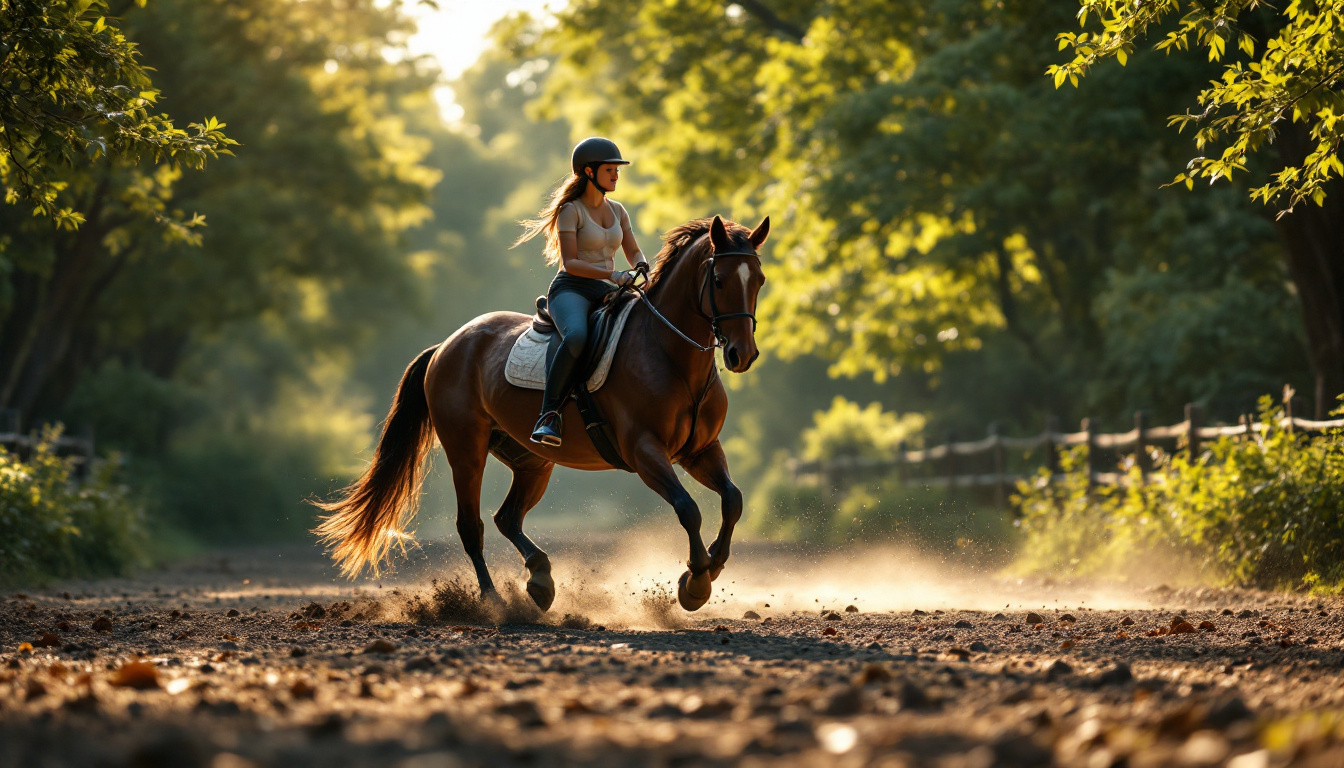 A photograph of capture a photograph of a serene riding arena scene with a rider and horse in motion