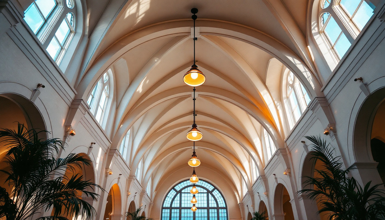 A photograph of a beautifully lit cathedral ceiling in a modern space
