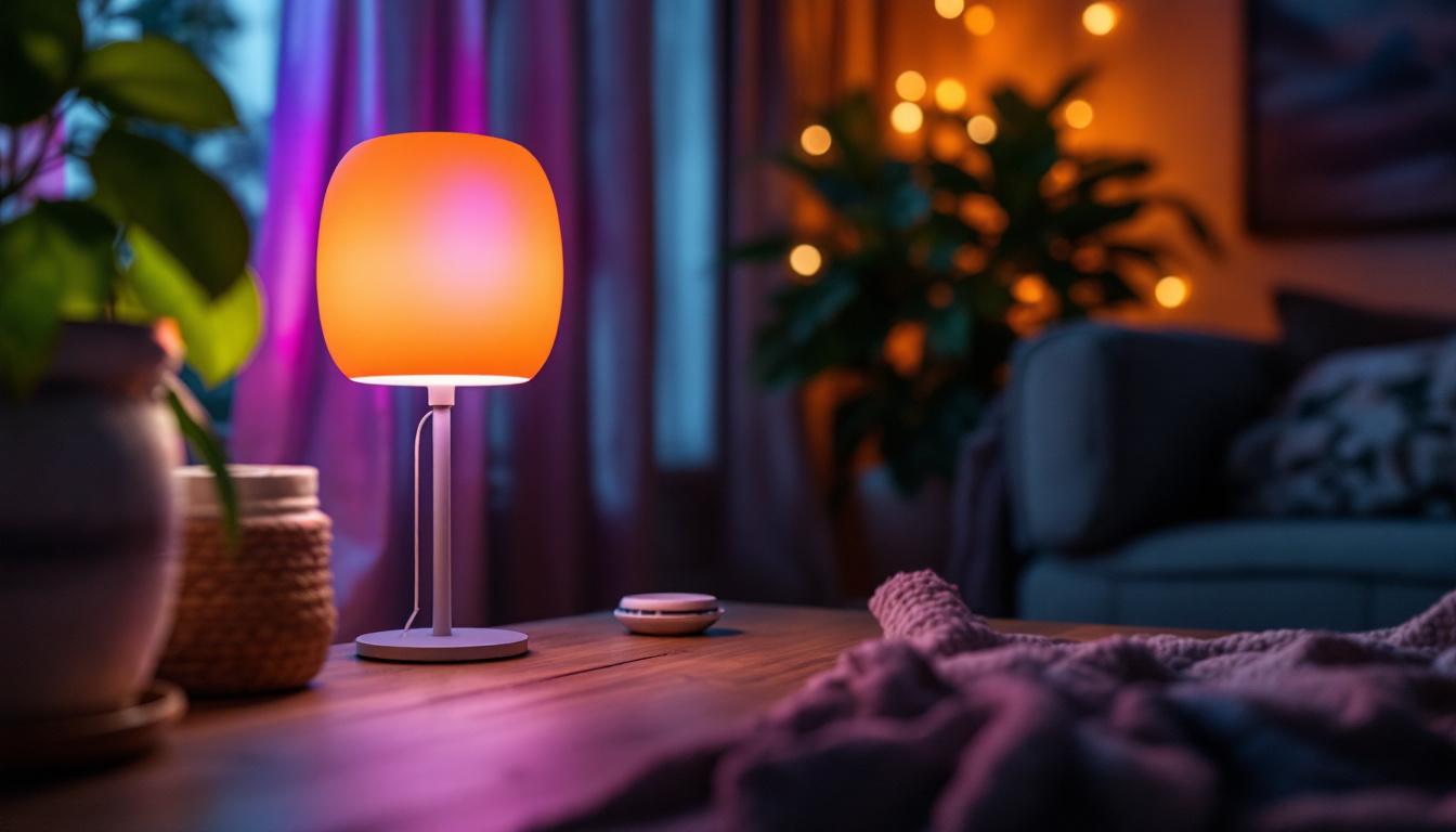 A photograph of a stylishly arranged rgb lamp in a cozy