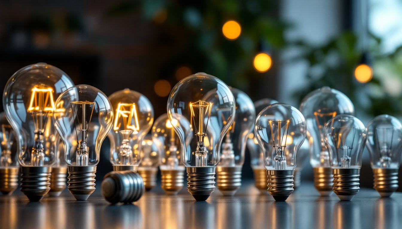 A photograph of a variety of light bulbs with different bases displayed together