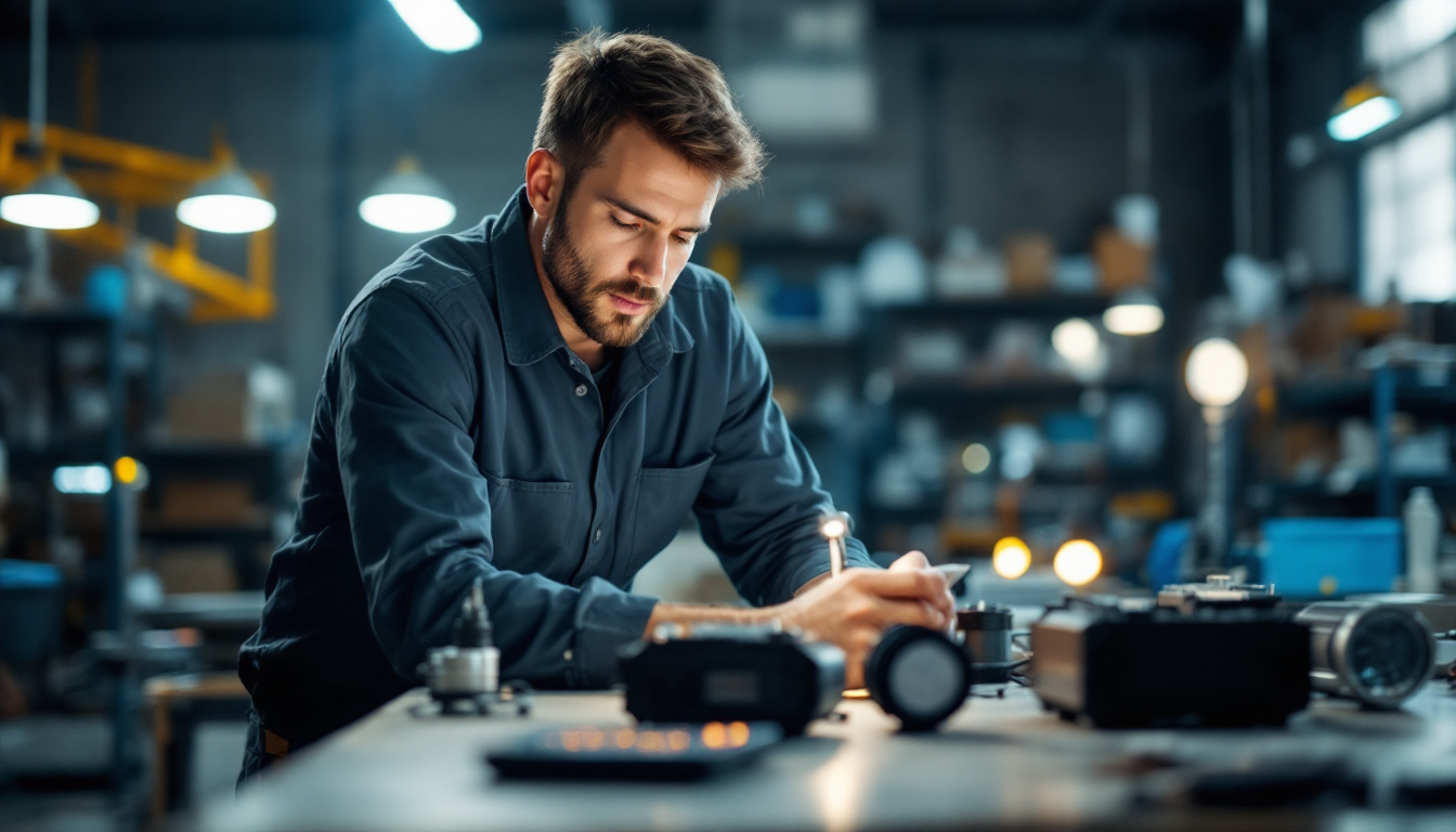 A photograph of a skilled technician inspecting and testing various types of ballasts in a well-lit workshop