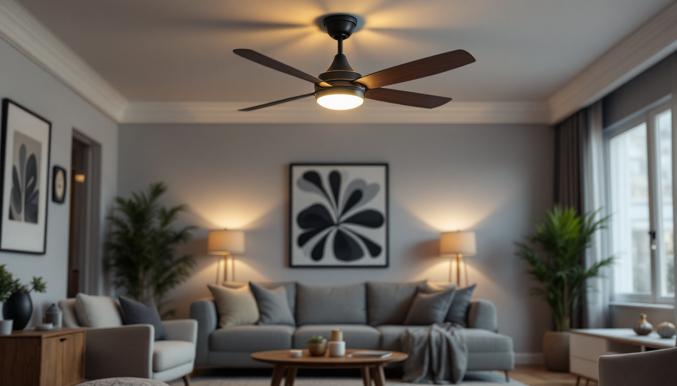 A photograph of a modern living space featuring a stylish hunter ceiling fan