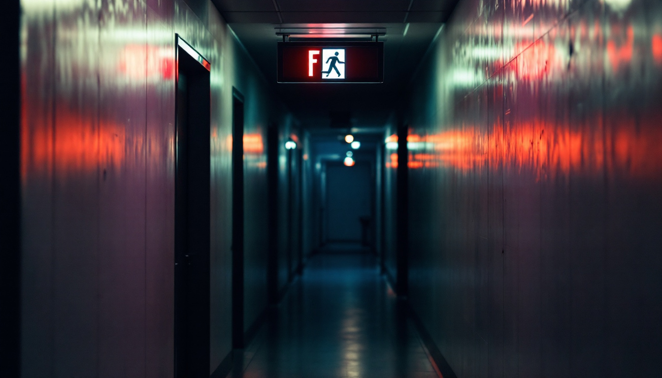 A photograph of a well-lit fire exit sign in a dimly lit corridor