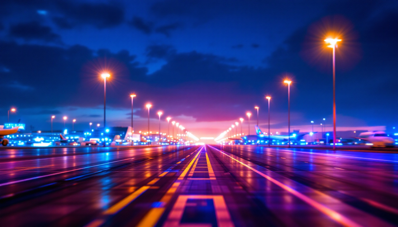 A photograph of a vibrant night scene at an airport showcasing the intricate patterns and colors of the runway lights