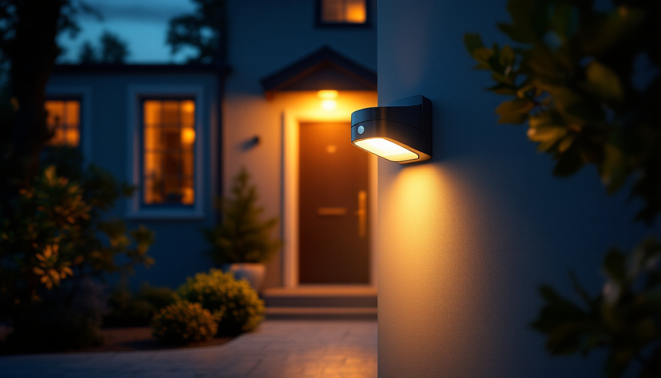 A photograph of a stylish motion detector porch light illuminating a welcoming entrance at dusk