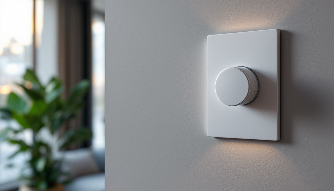 A photograph of a modern light switch with a timer feature installed in a stylish residential or commercial setting