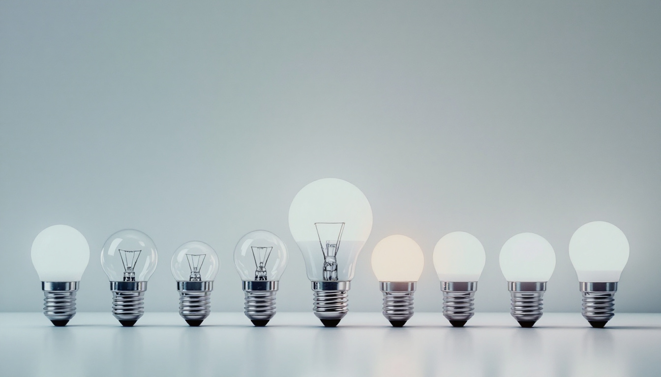 A photograph of a variety of light bulb bases displayed alongside their corresponding bulbs