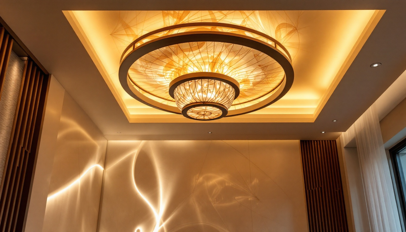 A photograph of a stylish modern room featuring a beautifully designed false ceiling with artistic light covers