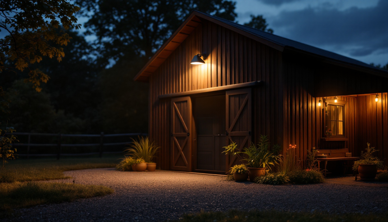 A photograph of a beautifully lit outdoor scene featuring the gama sonic gs-122 barn light illuminating a rustic barn or garden area at dusk