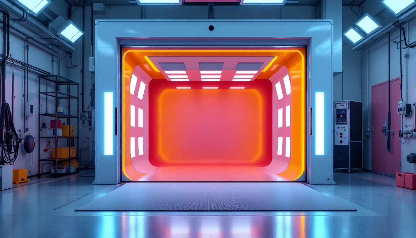 A photograph of a modern paint booth illuminated by bright