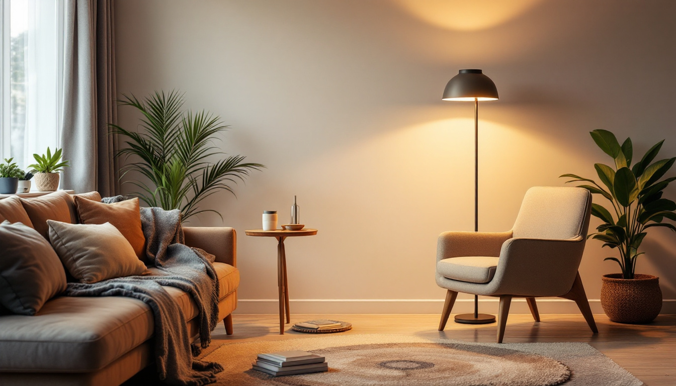 A photograph of a stylish shop floor lamp in a cozy