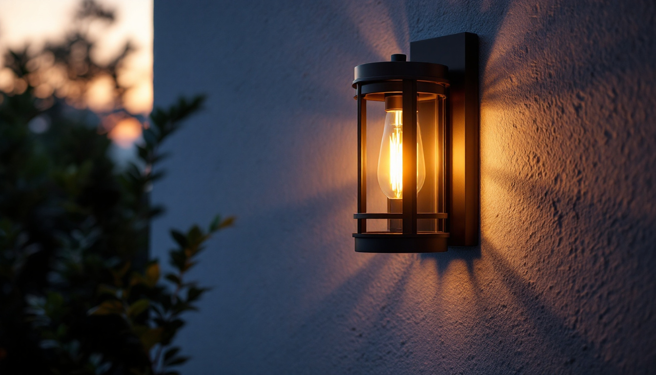 A photograph of a beautifully designed outdoor wall lamp illuminating a cozy patio or garden space at dusk