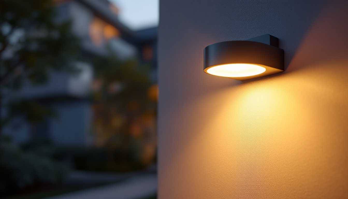 A photograph of a modern outdoor space illuminated by a stylish led security lamp at dusk