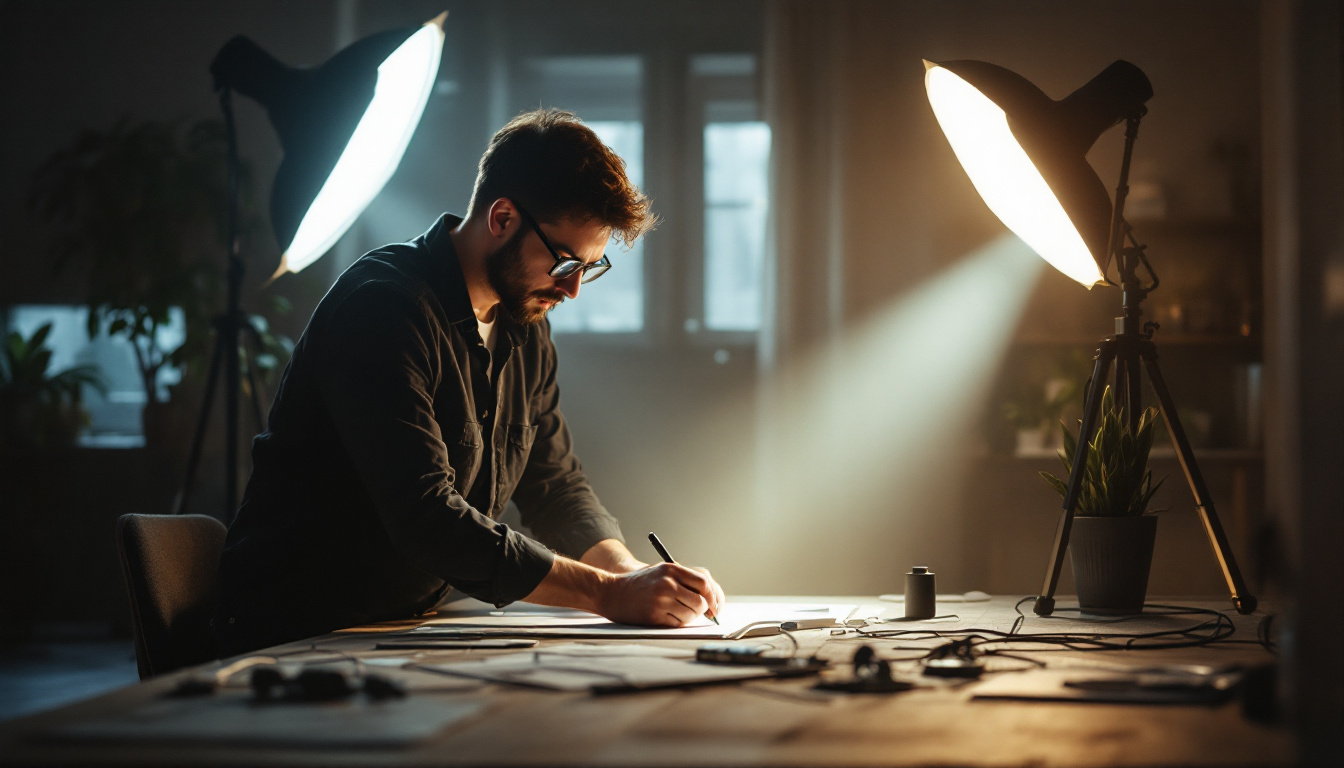 A photograph of a skilled lighting specialist at work