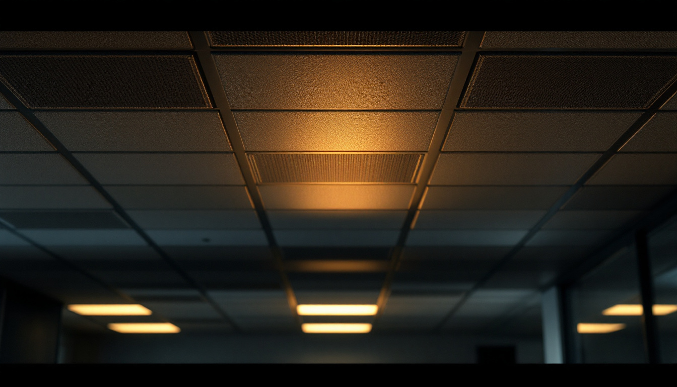 A photograph of a modern interior space featuring inexpensive drop ceiling tiles