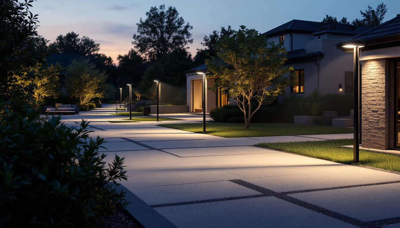 A photograph of a well-lit outdoor space at dusk featuring various motion detector lights in action