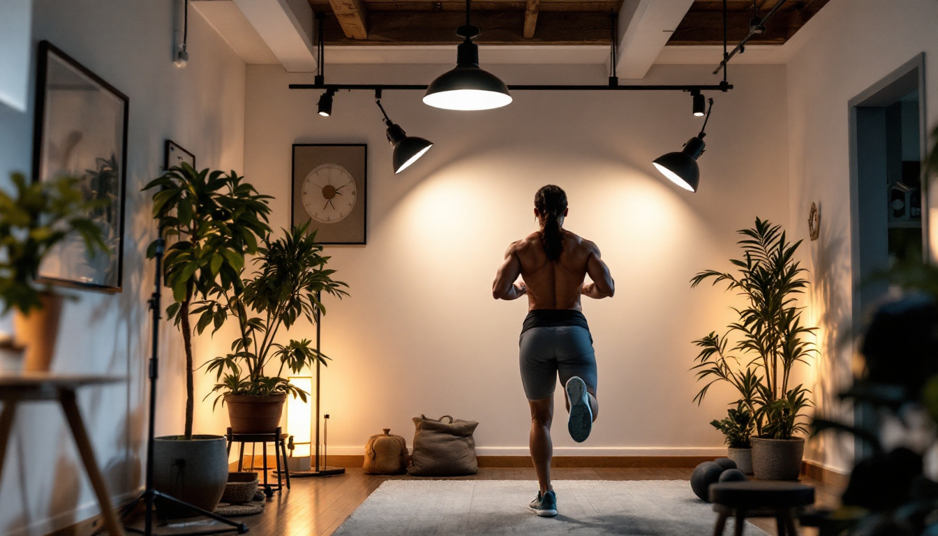 A photograph of a well-lit home gym space showcasing a variety of lighting options