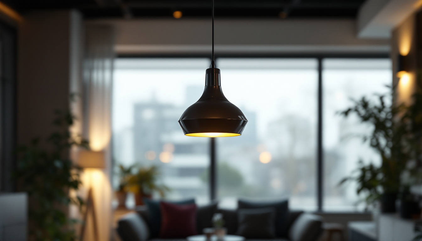 A photograph of a stylishly designed hanging light pendant illuminated in a modern interior setting