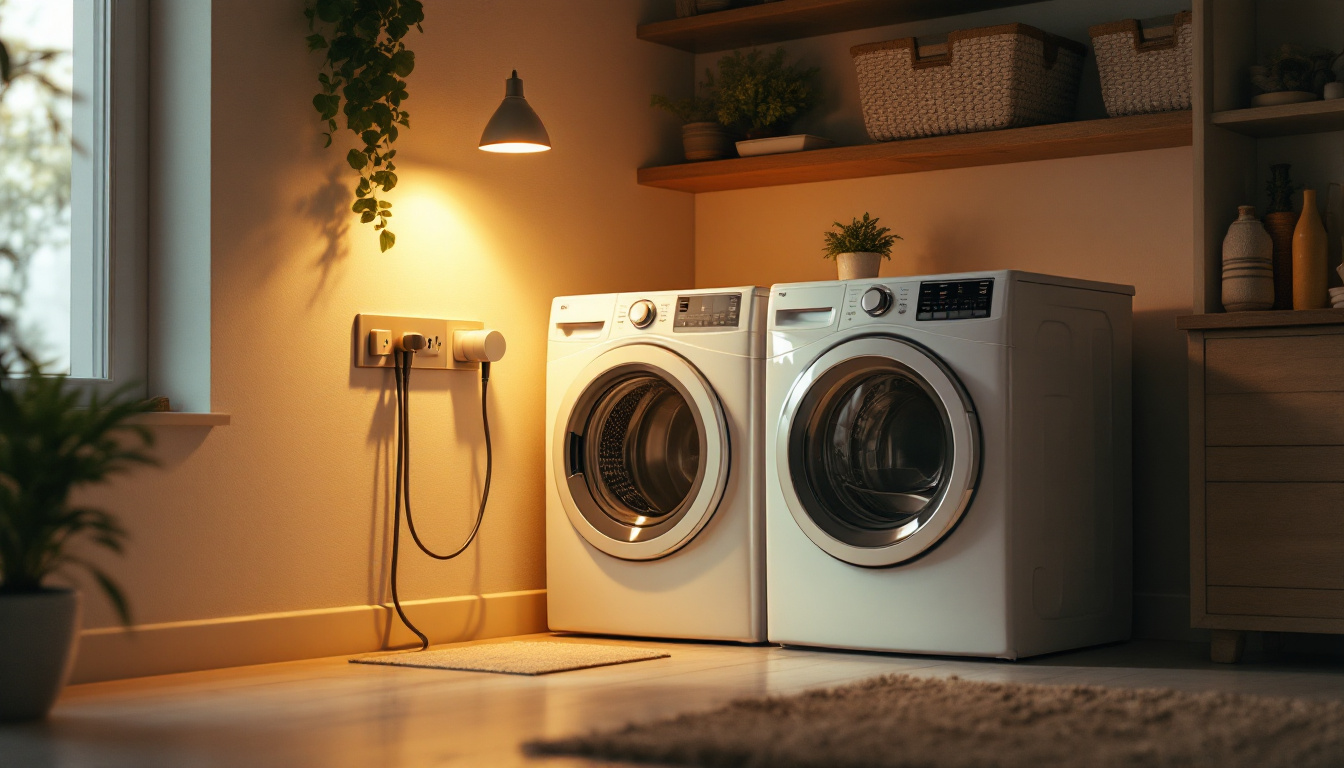 A photograph of a well-lit laundry room featuring a dryer plugged into an electrical outlet