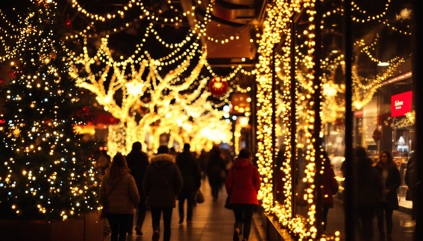 A photograph of a vibrant display of christmas lights during a black friday shopping scene
