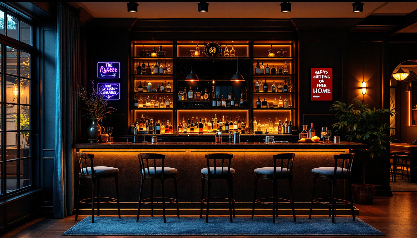 A photograph of a stylish home bar illuminated by creative and atmospheric lighting