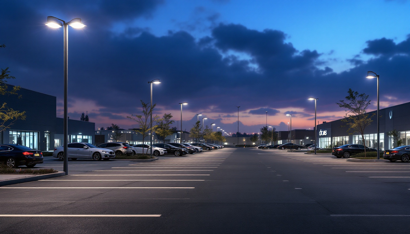 A photograph of a modern parking lot illuminated by innovative lighting solutions