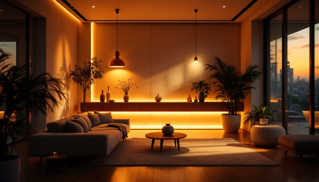 A photograph of a modern space illuminated by soft