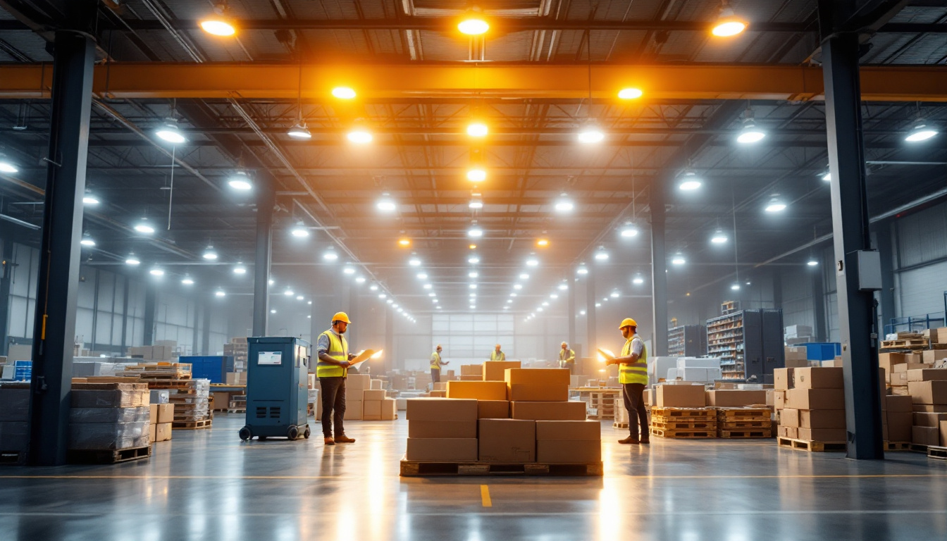 A photograph of a well-lit warehouse interior showcasing vibrant led lamps illuminating the space