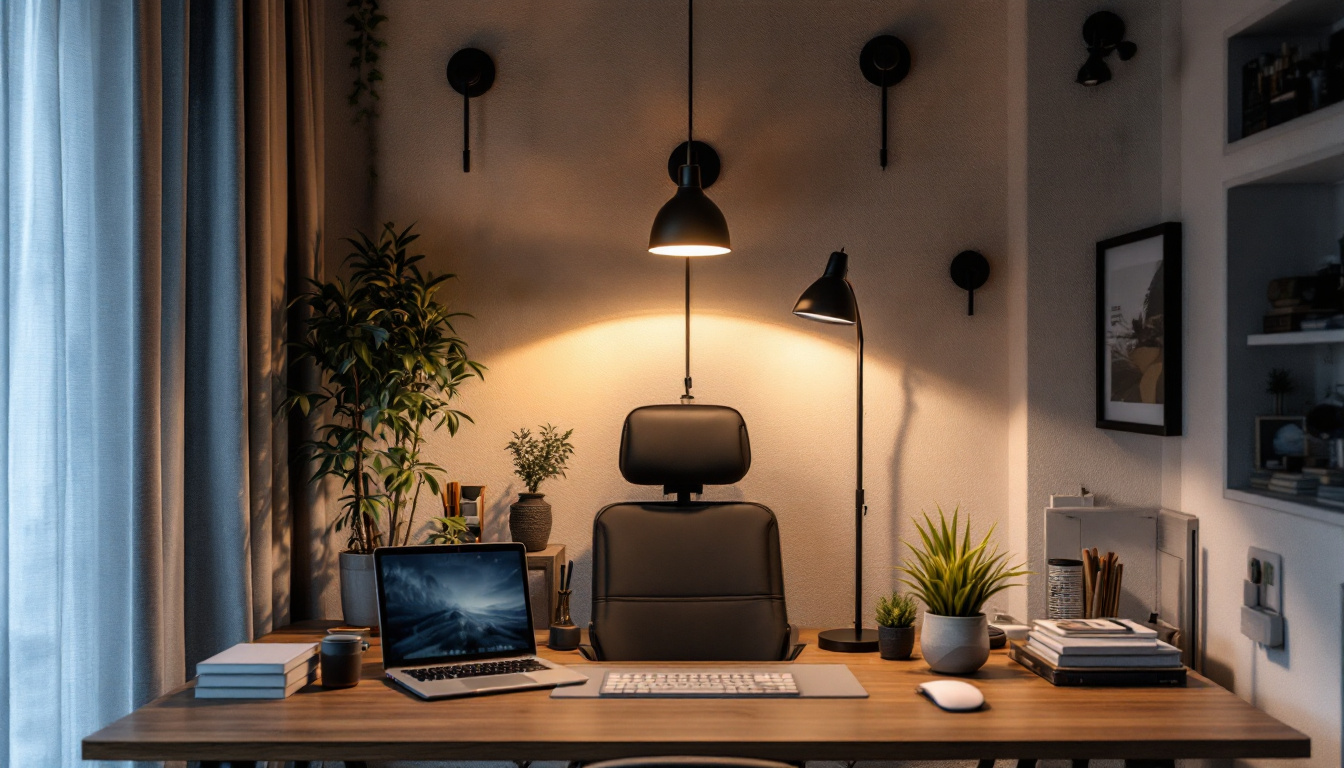 A photograph of a stylish and well-lit home office space featuring a variety of light fixtures
