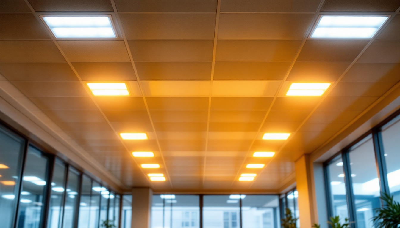 A photograph of a modern office space featuring a 2x4 led drop ceiling light installation