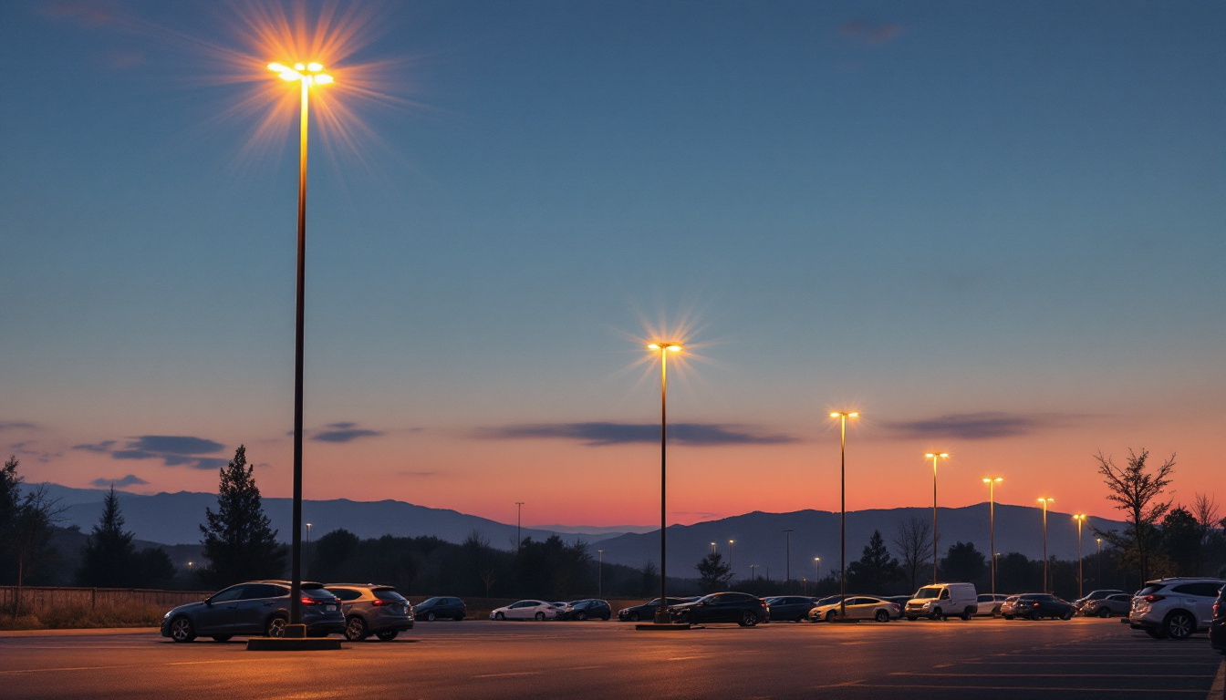 A photograph of a well-lit parking lot at dusk