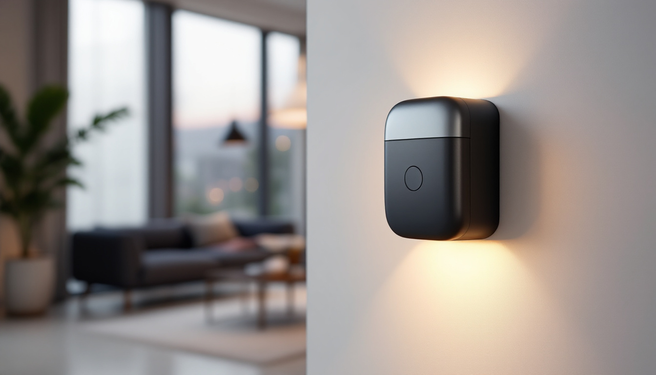 A photograph of a modern lighting motion detector installed in a stylish home setting