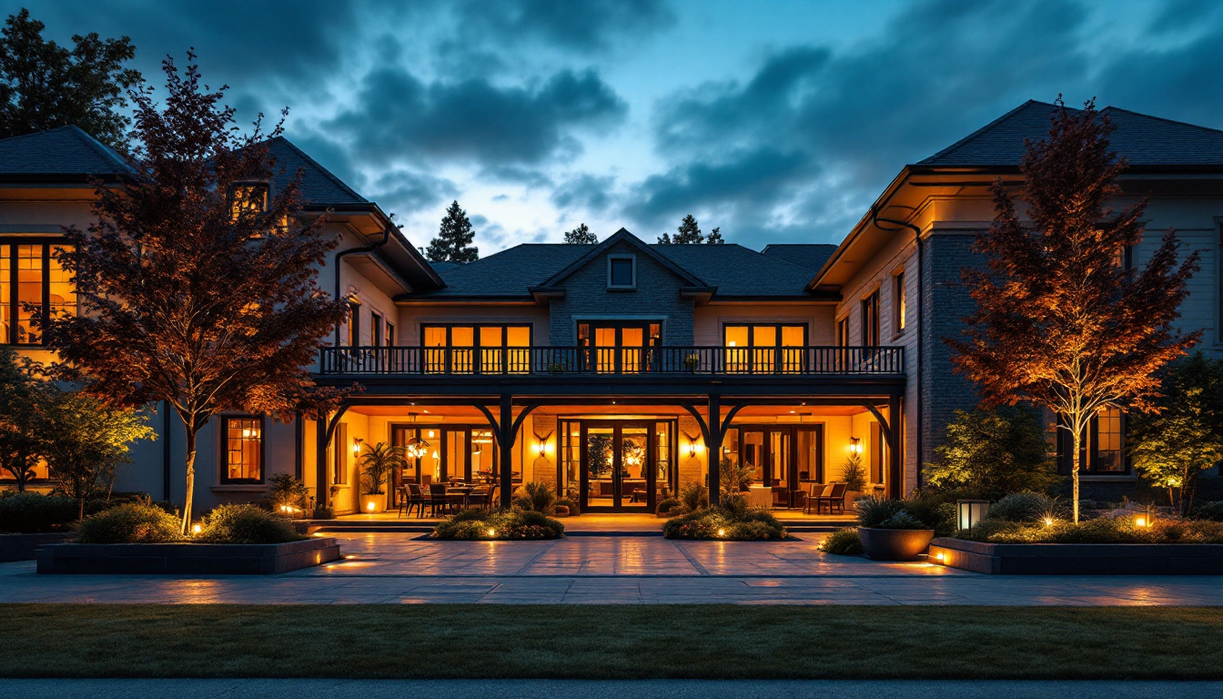 A photograph of a beautifully illuminated exterior space at dusk