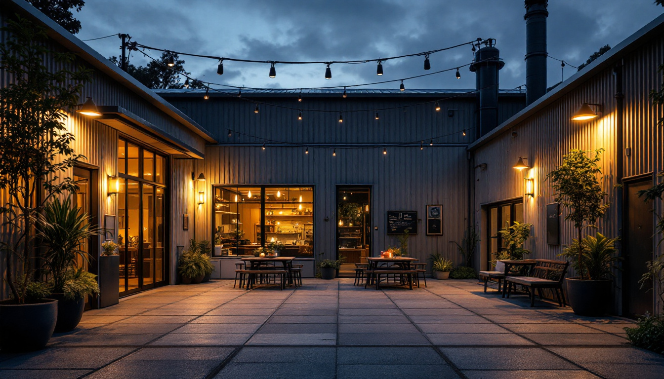 A photograph of a well-lit industrial outdoor space at dusk