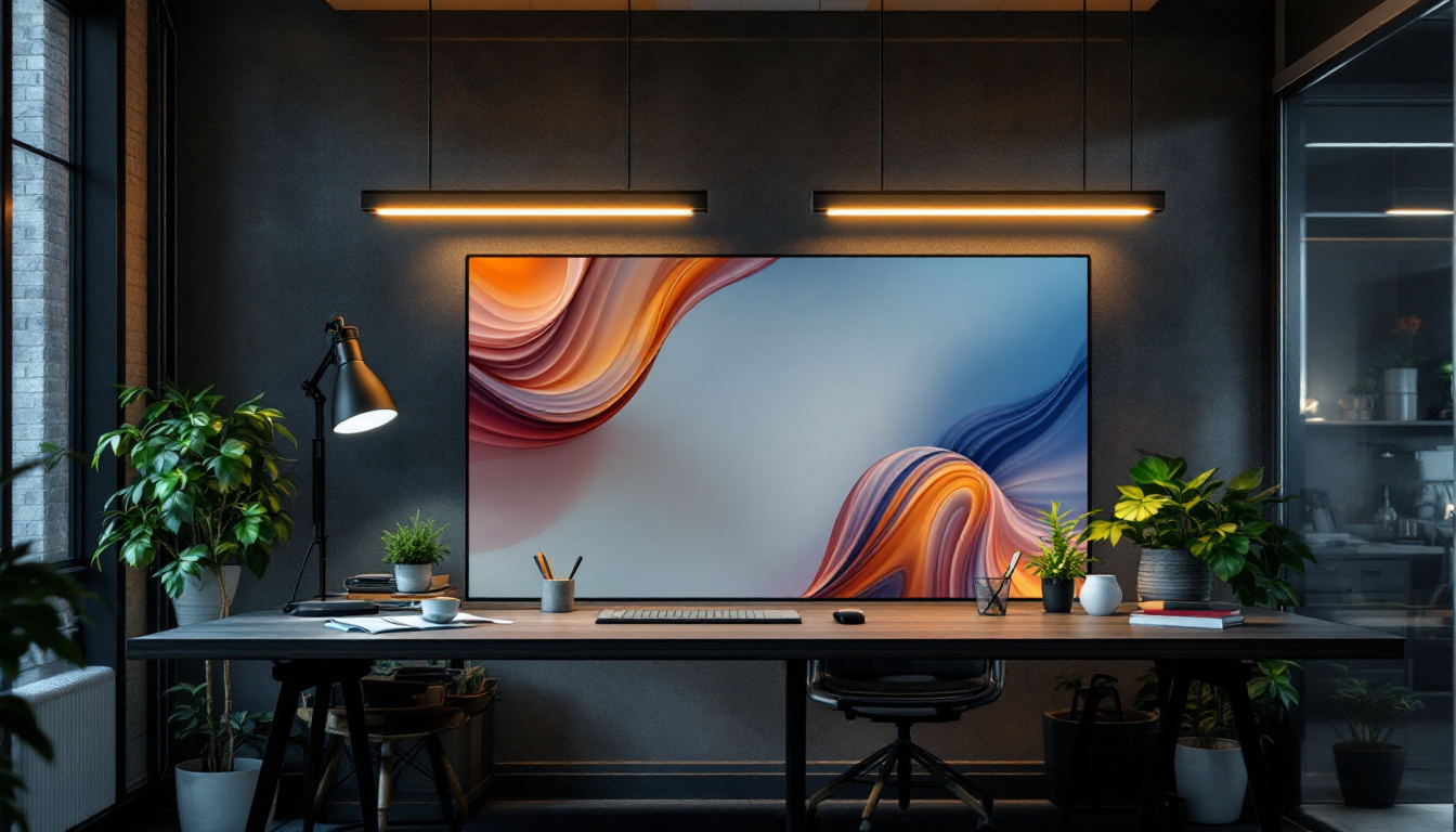 A photograph of a modern workspace featuring innovative lighting solutions that highlight the interplay between natural and artificial light