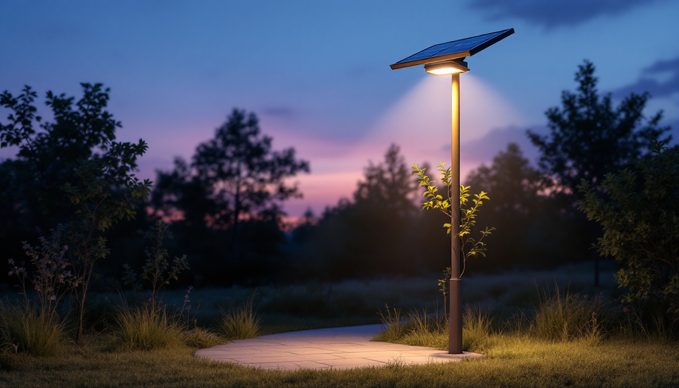 A photograph of a beautifully illuminated solar light pole in a serene outdoor setting during twilight