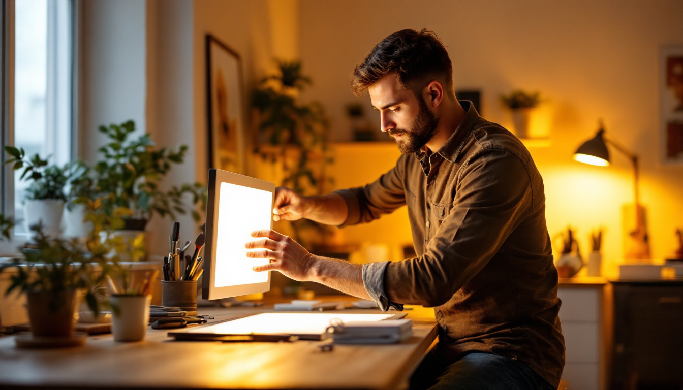 A photograph of a well-lit workspace featuring a person installing or adjusting a led panel light