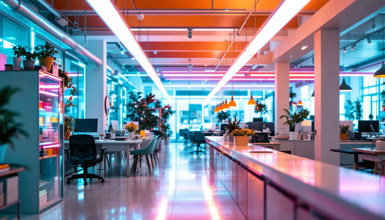 A photograph of a brightly lit workspace or retail area featuring fluorescent shop lights