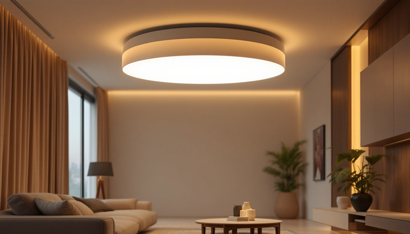 A photograph of a stylishly designed floating ceiling light in a modern interior setting