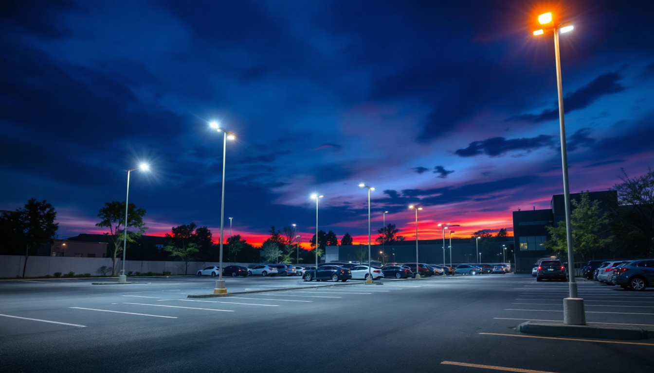 A photograph of capture a photograph of a well-lit parking lot at dusk