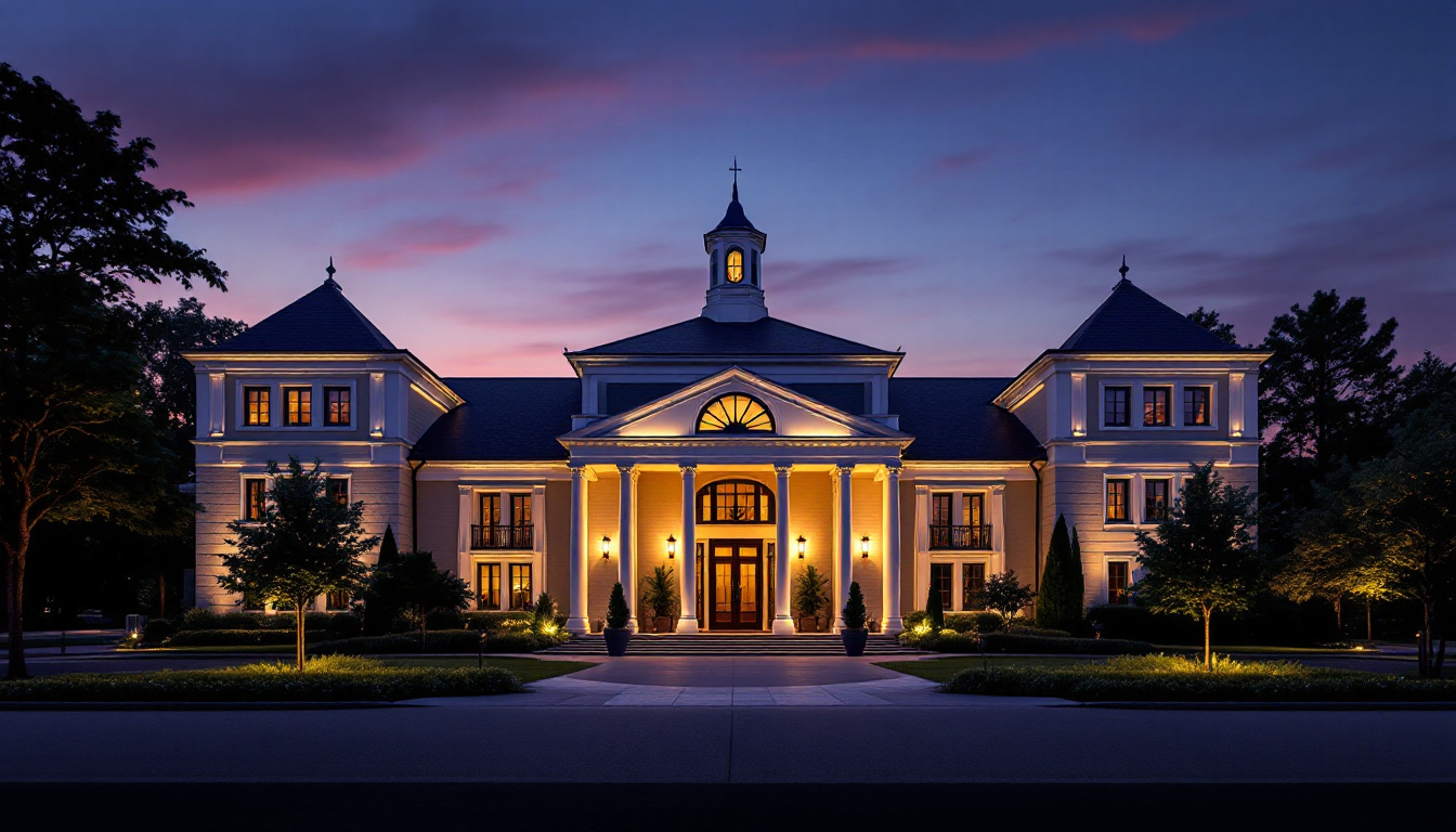 A photograph of a beautifully illuminated building at dusk